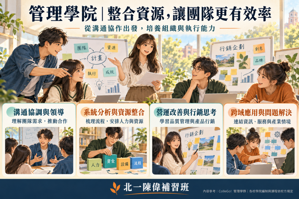 **管理學院：**呈現溝通領導、資源整合、營運行銷與跨域解題等學習優勢，依管理學群介紹整理。